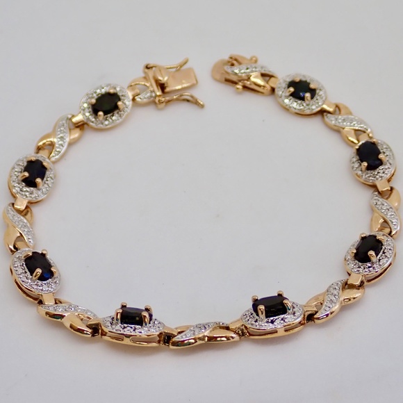 Sapphires Sterling Silver .925 Gold Tone Tennis Bracelet XO Link Chain 7.5" Gems - Picture 1 of 12